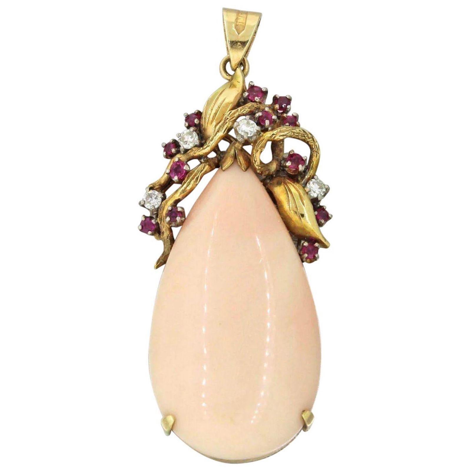 Midcentury 14 Karat Gold Angel Skin Coral Ruby Diamond Pear Necklace Pendant For Sale 1