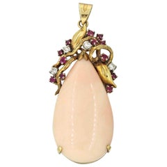 Midcentury 14 Karat Gold Angel Skin Coral Ruby Diamond Pear Necklace Pendant