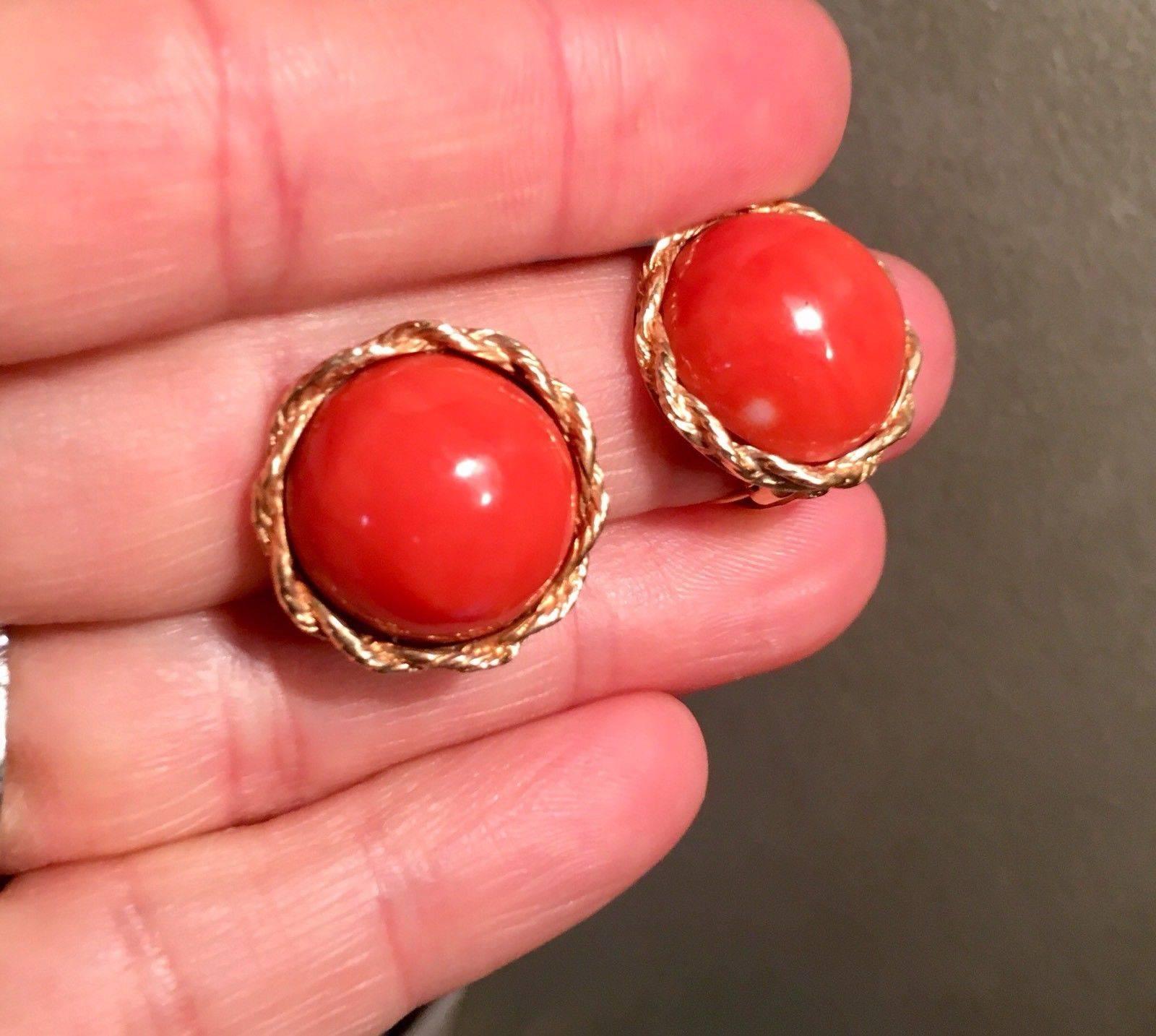 Round Cut Midcentury 14 Karat Gold Red Coral Cabochon Clip Drop Earrings