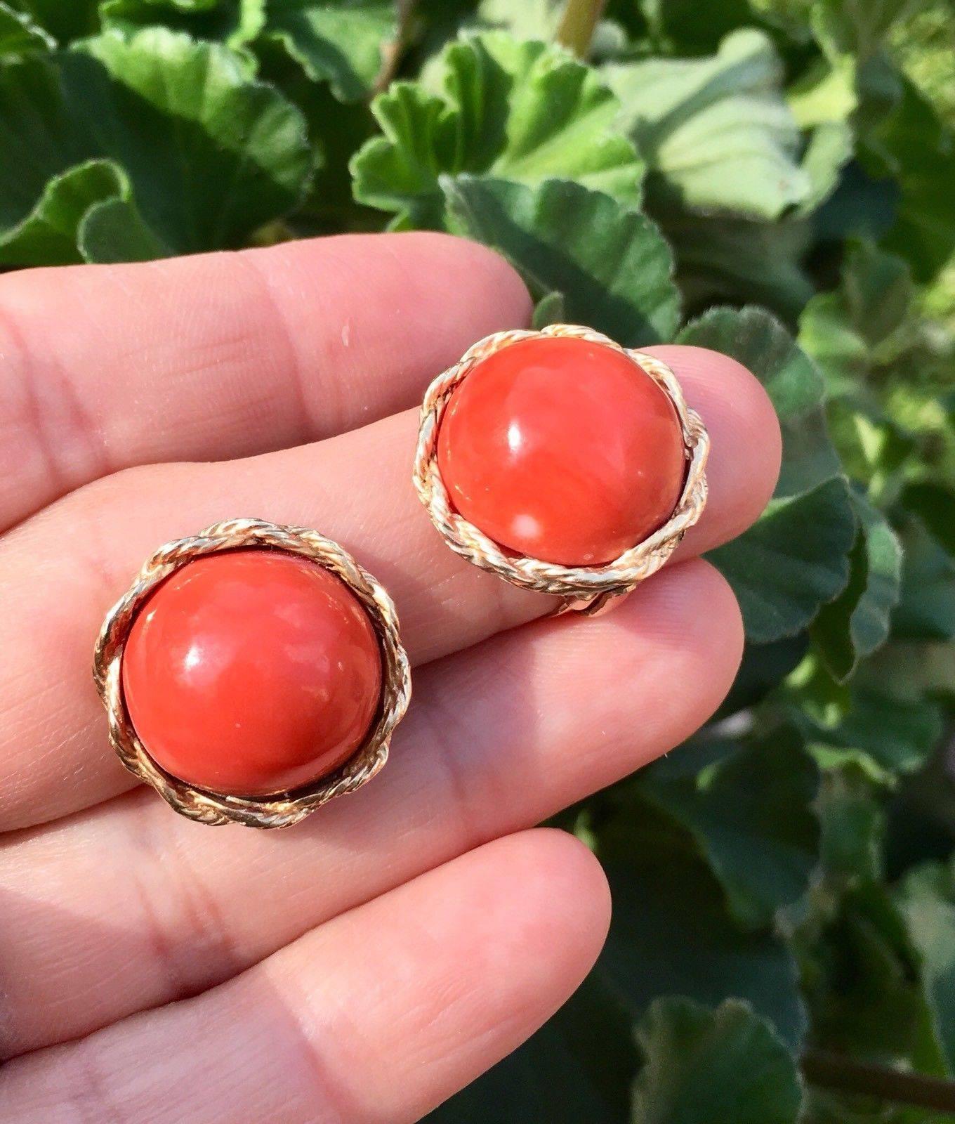 Midcentury 14 Karat Gold Red Coral Cabochon Clip Drop Earrings 1
