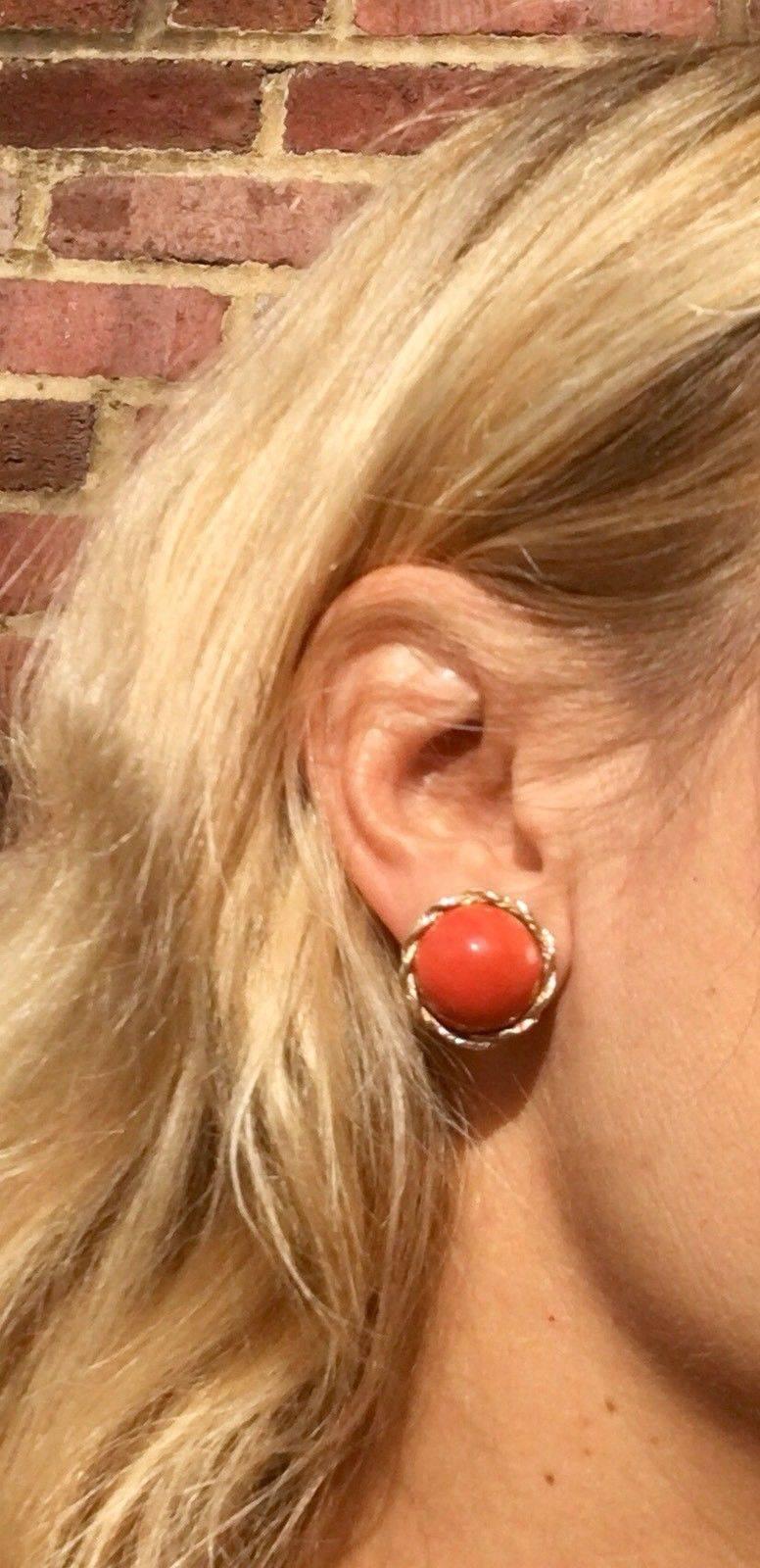 Midcentury 14 Karat Gold Red Coral Cabochon Clip Drop Earrings 2