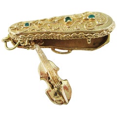 Midcentury 14 Karat Gold Violin Case Locket with Movable Violin Charm Pendant