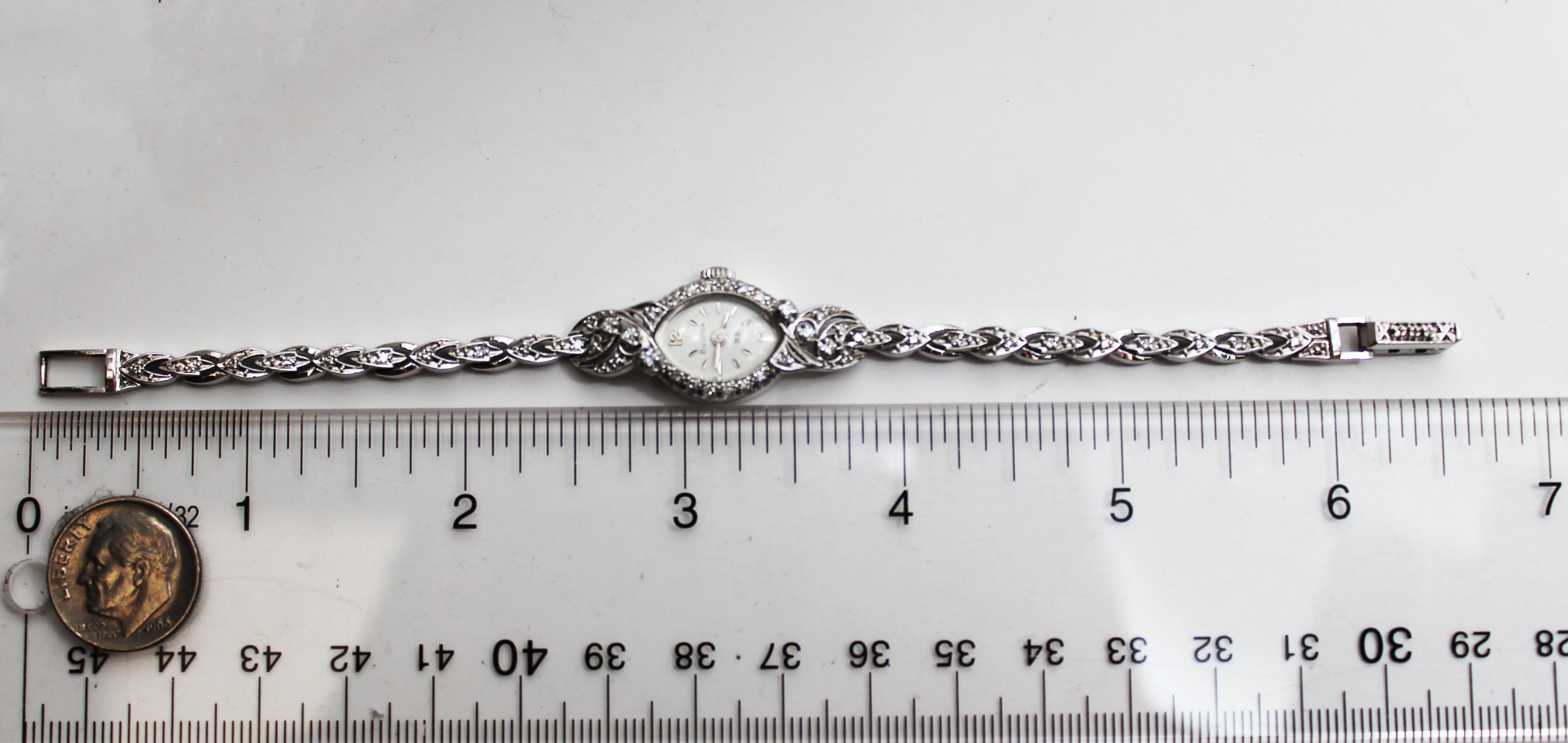 Mid-Century 14 Karat White Gold Diamond Rope Bulova 23 Watch In Excellent Condition In Lexington, KY