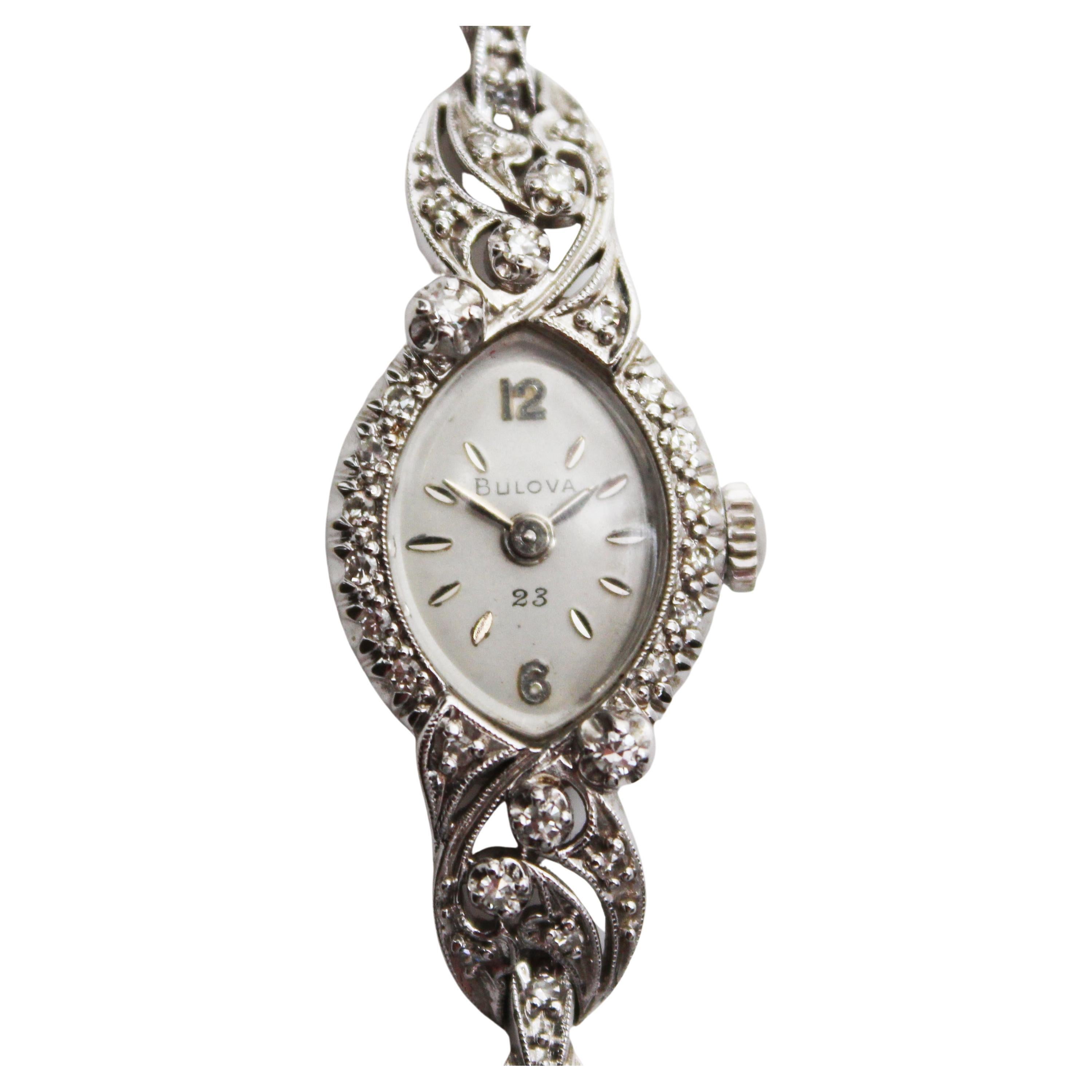 Mid-Century 14 Karat White Gold Diamond Rope Bulova 23 Watch