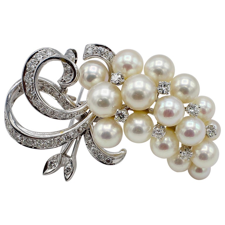 Midcentury 14 Karat White Gold Pearl and Diamond Cluster Pin Brooch at