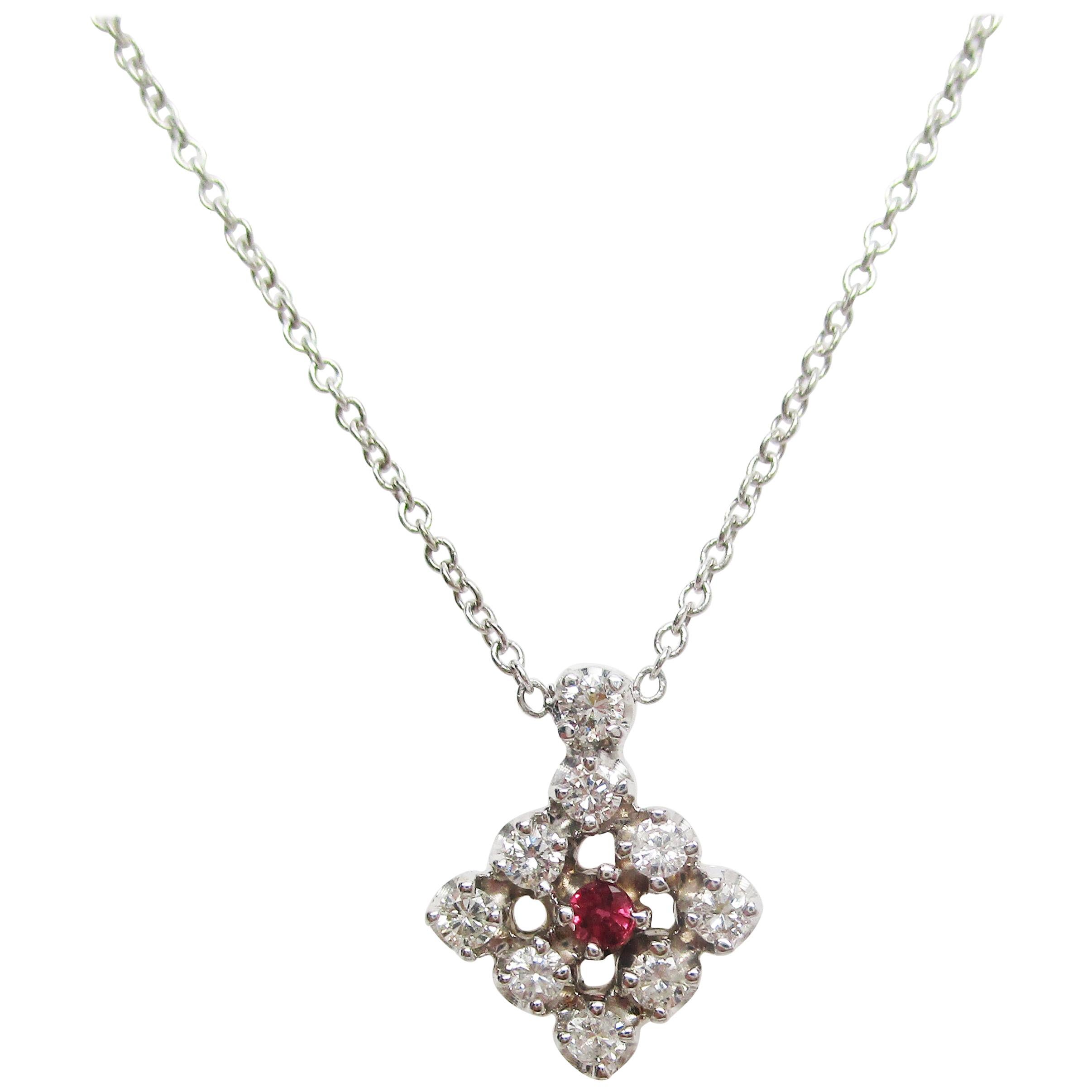 Midcentury 14 Karat White Gold Ruby and Diamond Necklace For Sale at