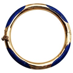 Vintage Midcentury 14 Karat Yellow Gold and Blue Lapis Hinged Bangle