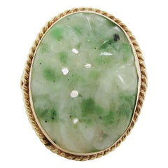 Midcentury 14 Karat Yellow Gold Carved Jade Statement Ring