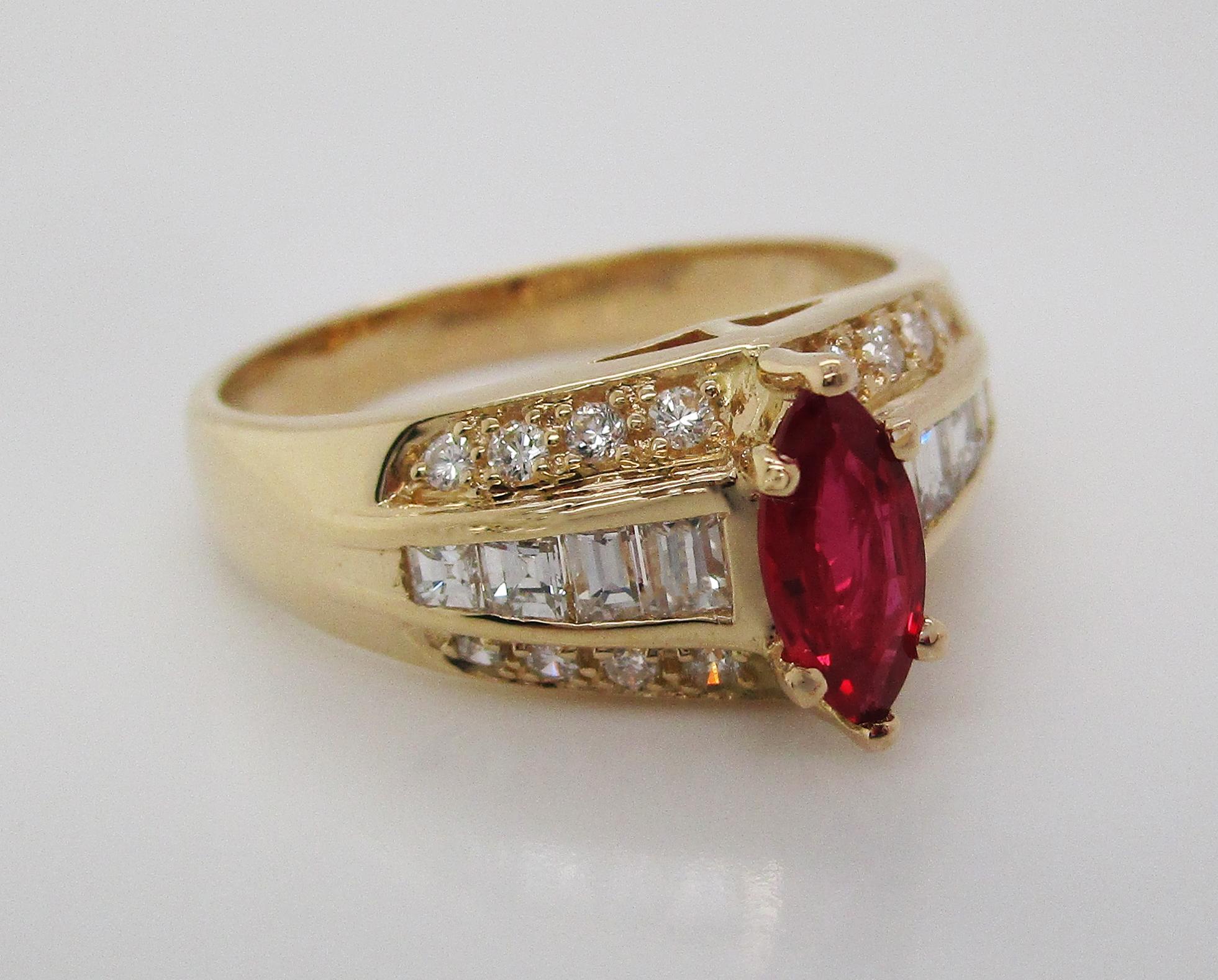 Baguette Cut Midcentury 14 Karat Yellow Gold Diamond and Ruby Cocktail Ring