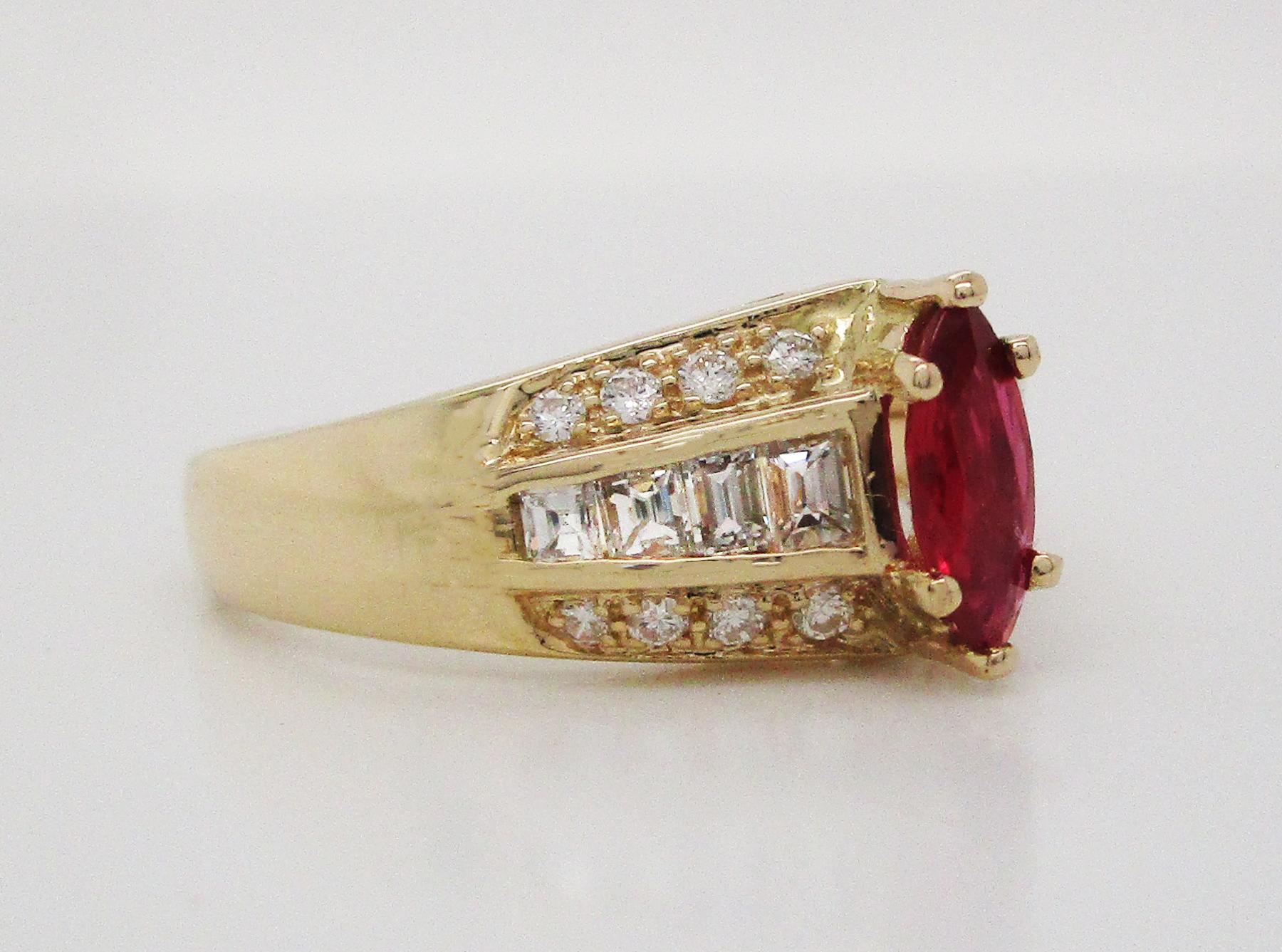 Midcentury 14 Karat Yellow Gold Diamond and Ruby Cocktail Ring In Excellent Condition In Lexington, KY