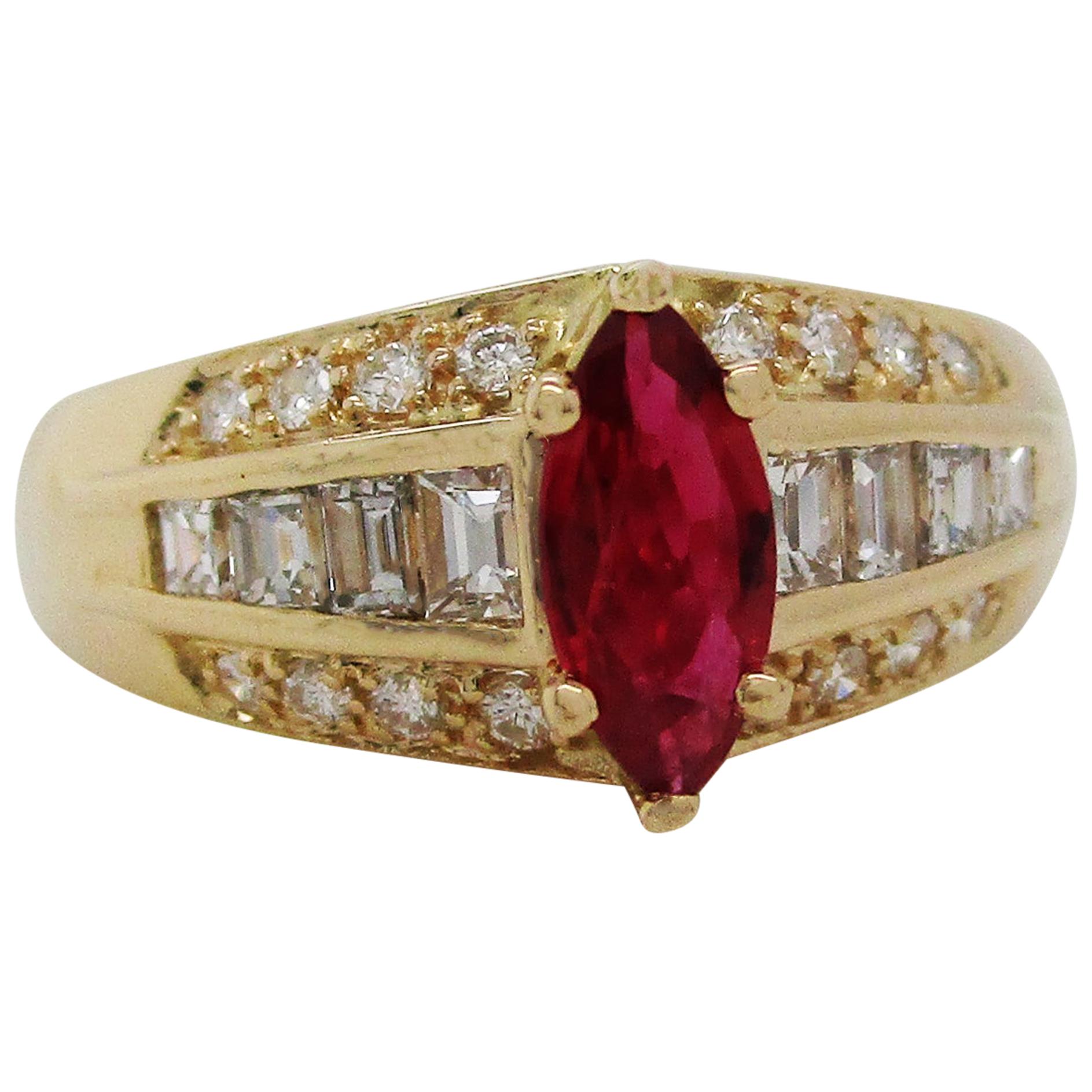 Midcentury 14 Karat Yellow Gold Diamond and Ruby Cocktail Ring