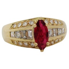 Retro Midcentury 14 Karat Yellow Gold Diamond and Ruby Cocktail Ring