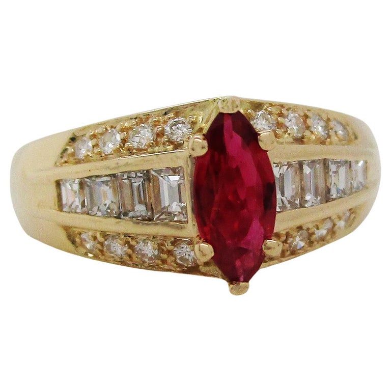 Midcentury 14 Karat Yellow Gold Diamond and Ruby Cocktail Ring at 1stDibs