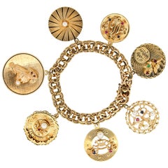  Midcentury 14 Karat Yellow Gold Disc Charm Bracelet