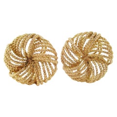 Vintage Midcentury 14 Karat Yellow Gold Round Knot Textured Twist Clip-On Earrings