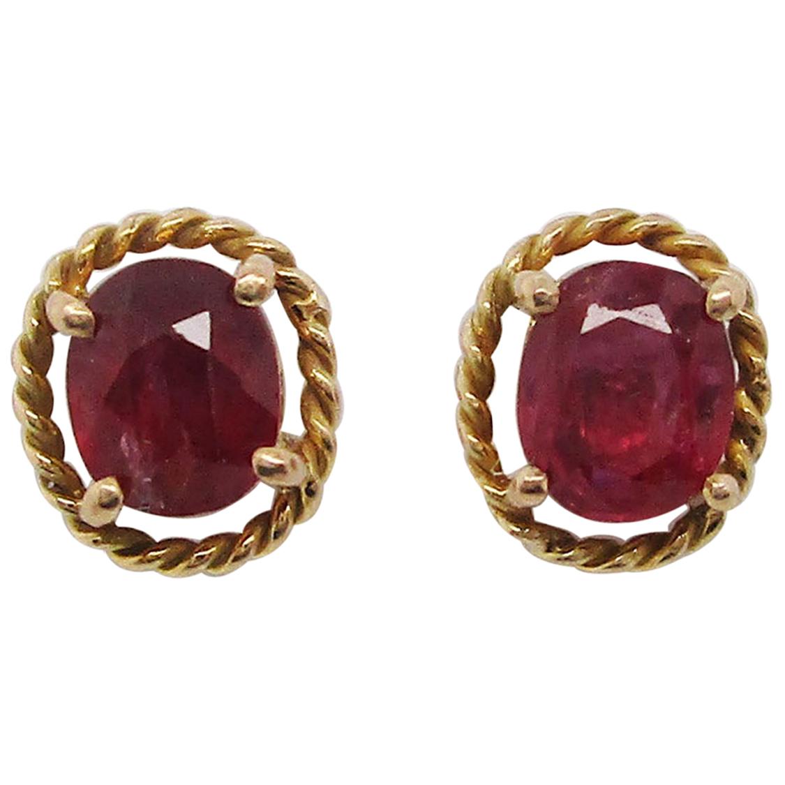 Midcentury 14 Karat Yellow Gold Ruby Stud Earrings