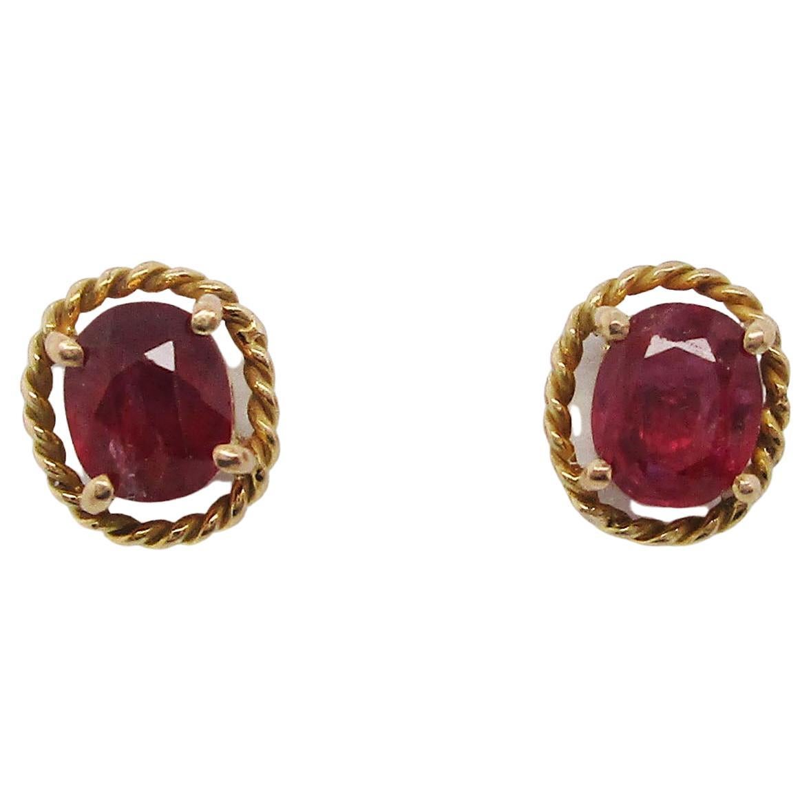 Midcentury 14 Karat Yellow Gold Ruby Stud Earrings For Sale