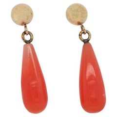 Midcentury 14 Karat Yellow Gold Un-Dyed Coral Articulated Dangle Earrings