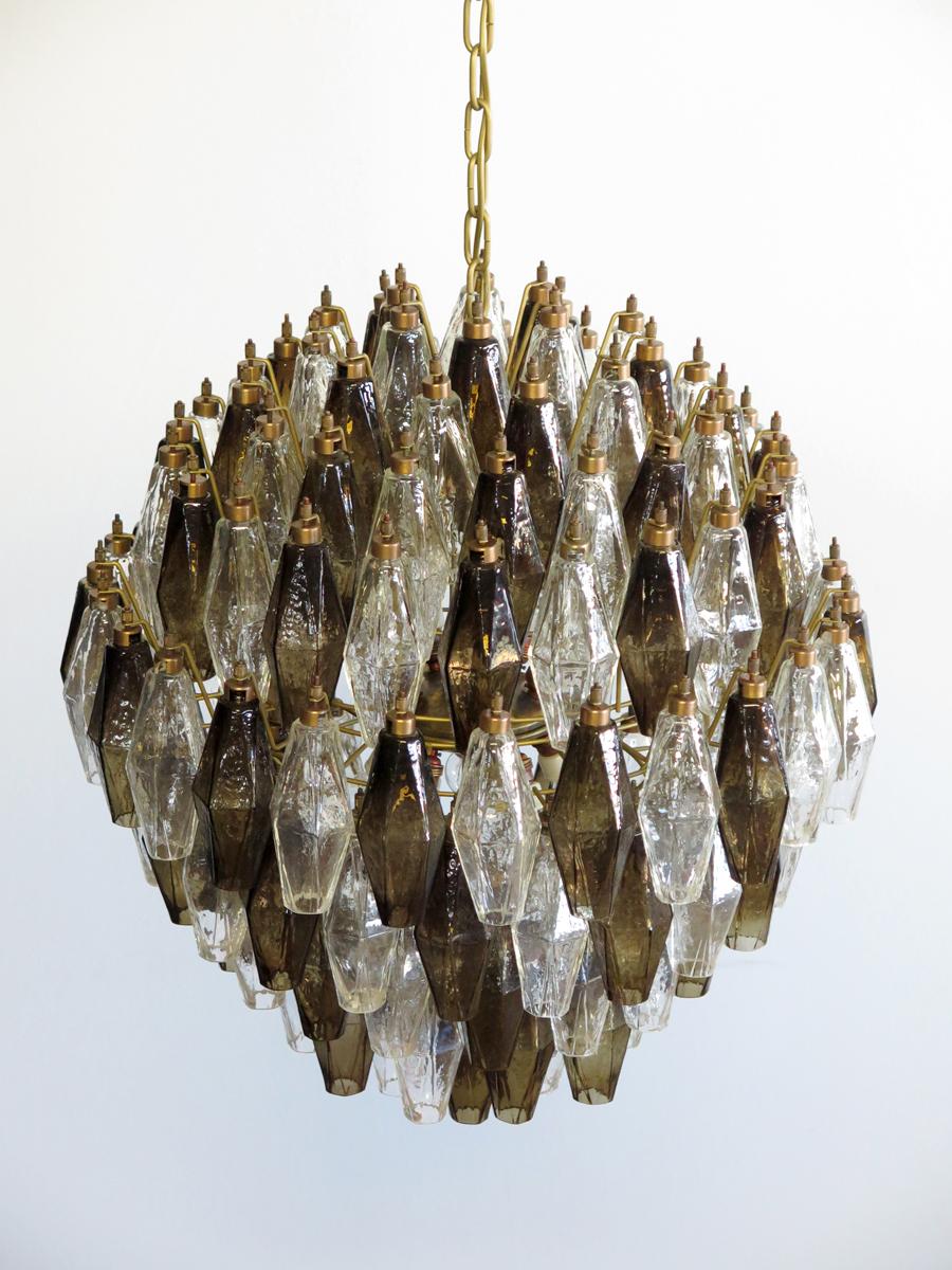 Italian Midcentury 140 Crystal and Smoked Murano Glass Poliedri Spherical Chandelier