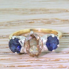 Midcentury 1.46 Carat Fancy Intense Brown Diamond and Sapphire Trilogy Ring
