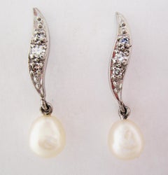 Midcentury 14K White Gold Diamond and Pearl Articulated Drop Earrings