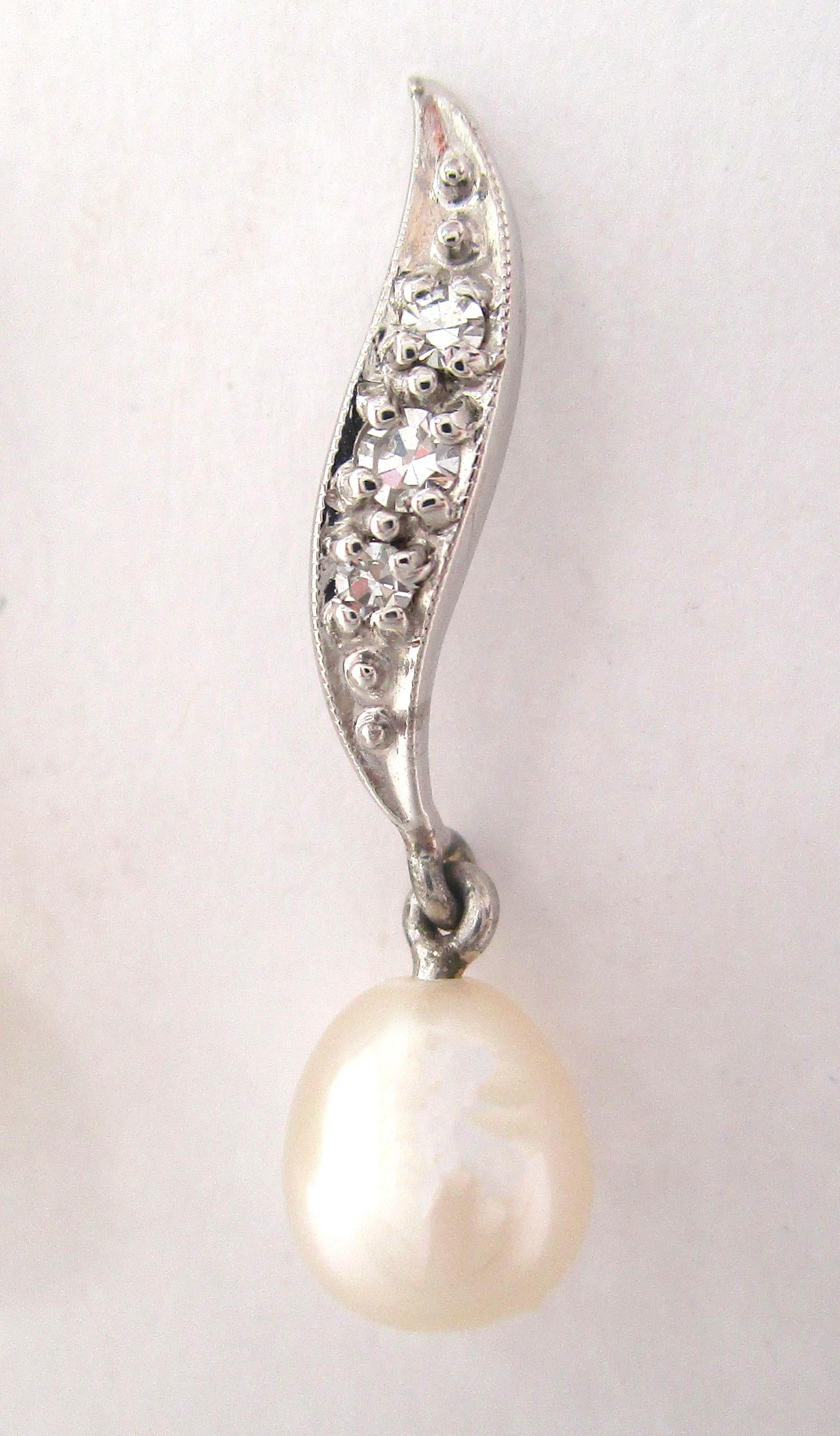 Modernist Midcentury 14K White Gold Diamond and Pearl Articulated Drop Earrings For Sale