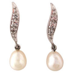 Midcentury 14K White Gold Diamond and Pearl Articulated Drop Earrings