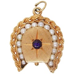 Midcentury 14K Yellow Gold Lucky Horseshoe Seed Pearl and Amethyst Pendant Lock