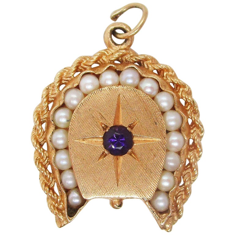 Midcentury 14K Yellow Gold Lucky Horseshoe Seed Pearl and Amethyst Pendant Lock For Sale