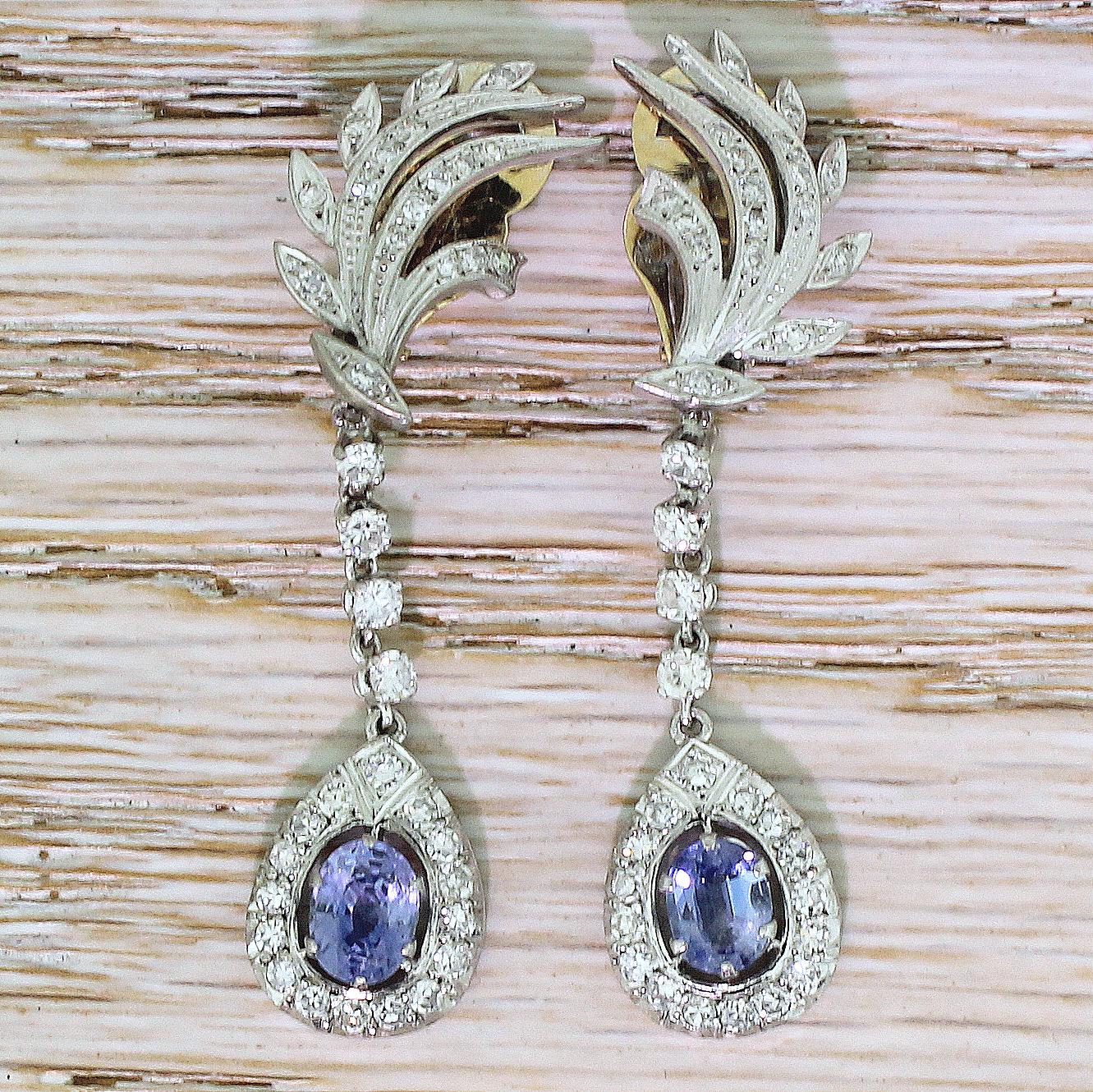 Midcentury 1.74 Carat Sapphire and 1.59 Carat Diamond Drop Earrings In Good Condition For Sale In Essex, GB