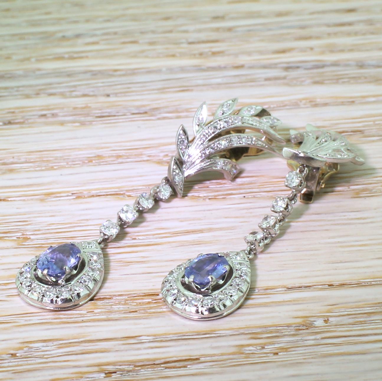 Women's or Men's Midcentury 1.74 Carat Sapphire and 1.59 Carat Diamond Drop Earrings For Sale