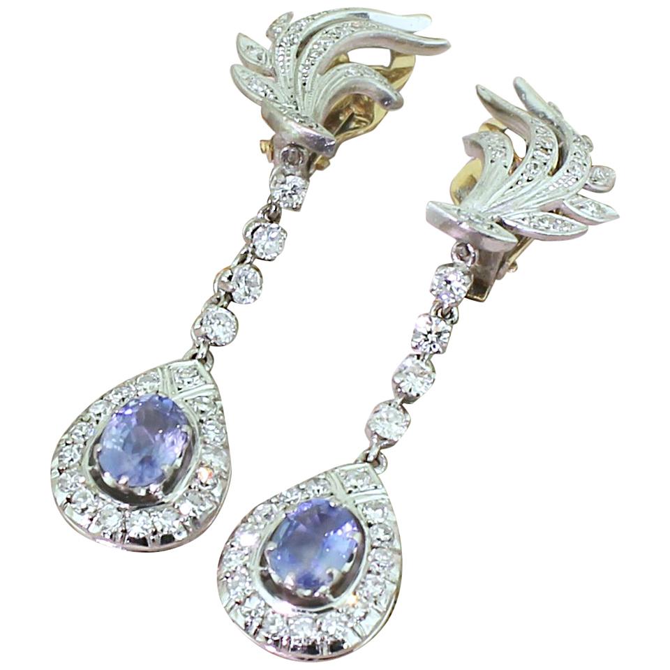 Midcentury 1.74 Carat Sapphire and 1.59 Carat Diamond Drop Earrings For Sale