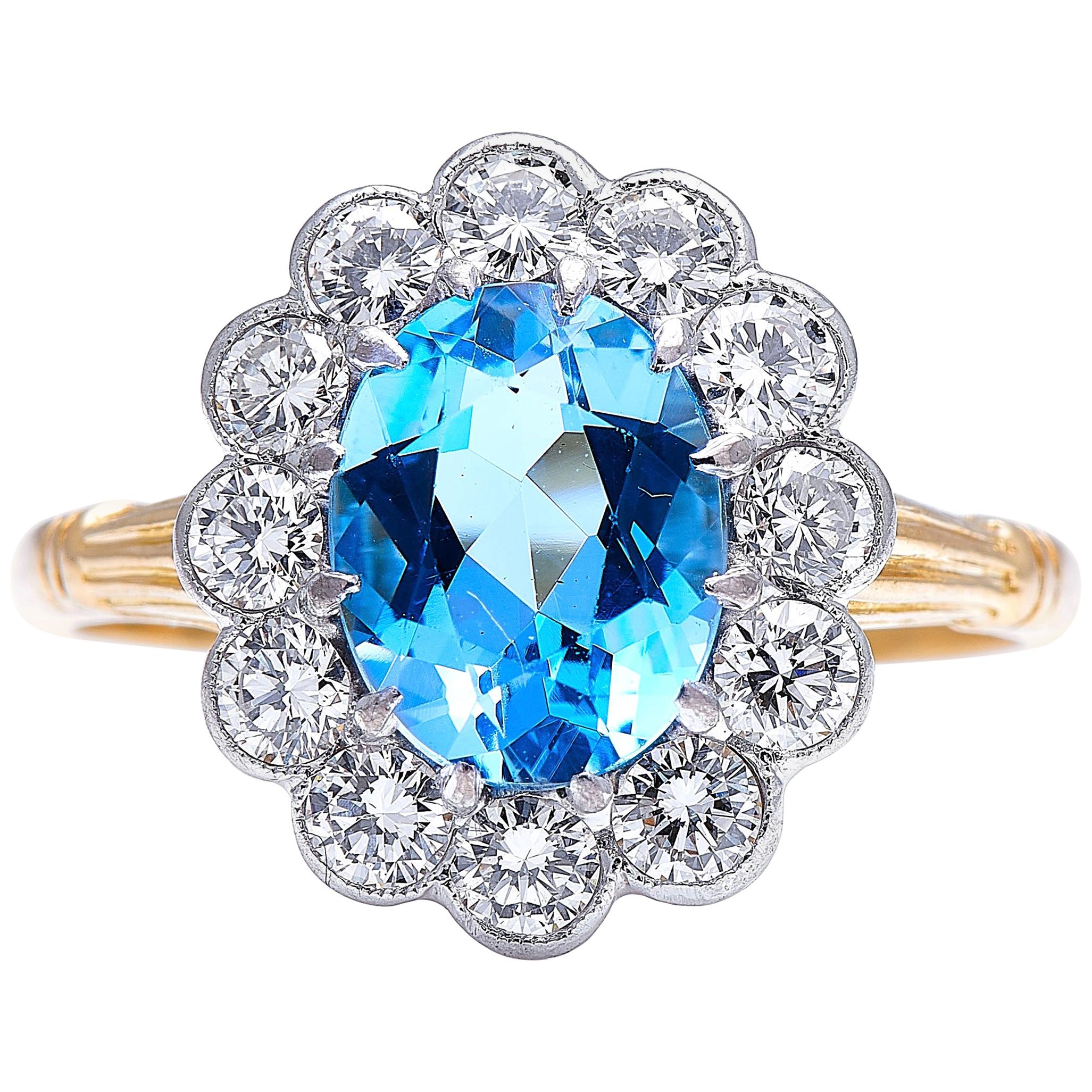 Cluster-Ring aus der Mitte des Jahrhunderts, 18 Karat Gold, Aquamarin und Diamant