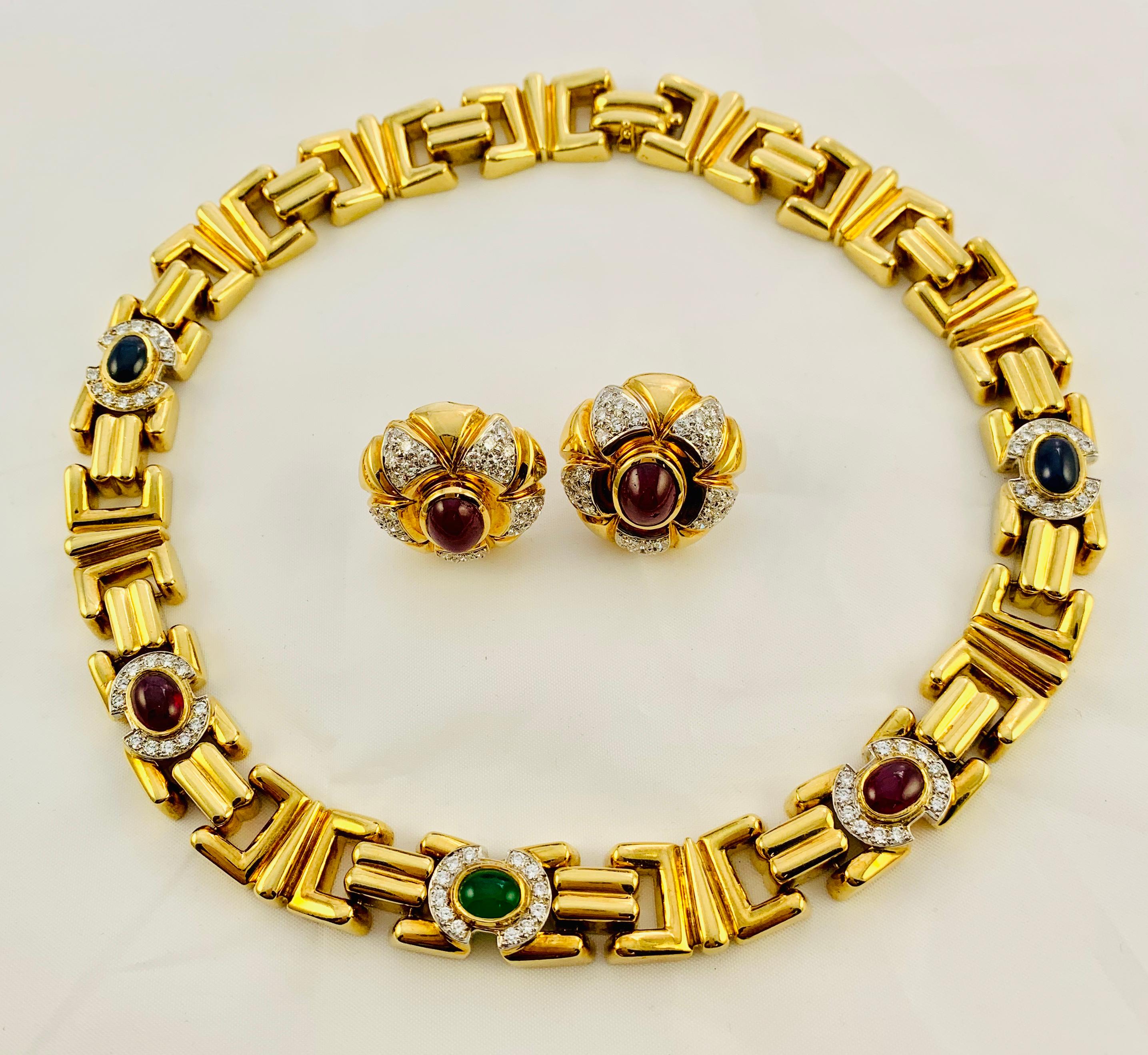 Midcentury 18 Karat Gold, Diamond, Sapphire, Ruby, Emerald Necklace Earrings 8