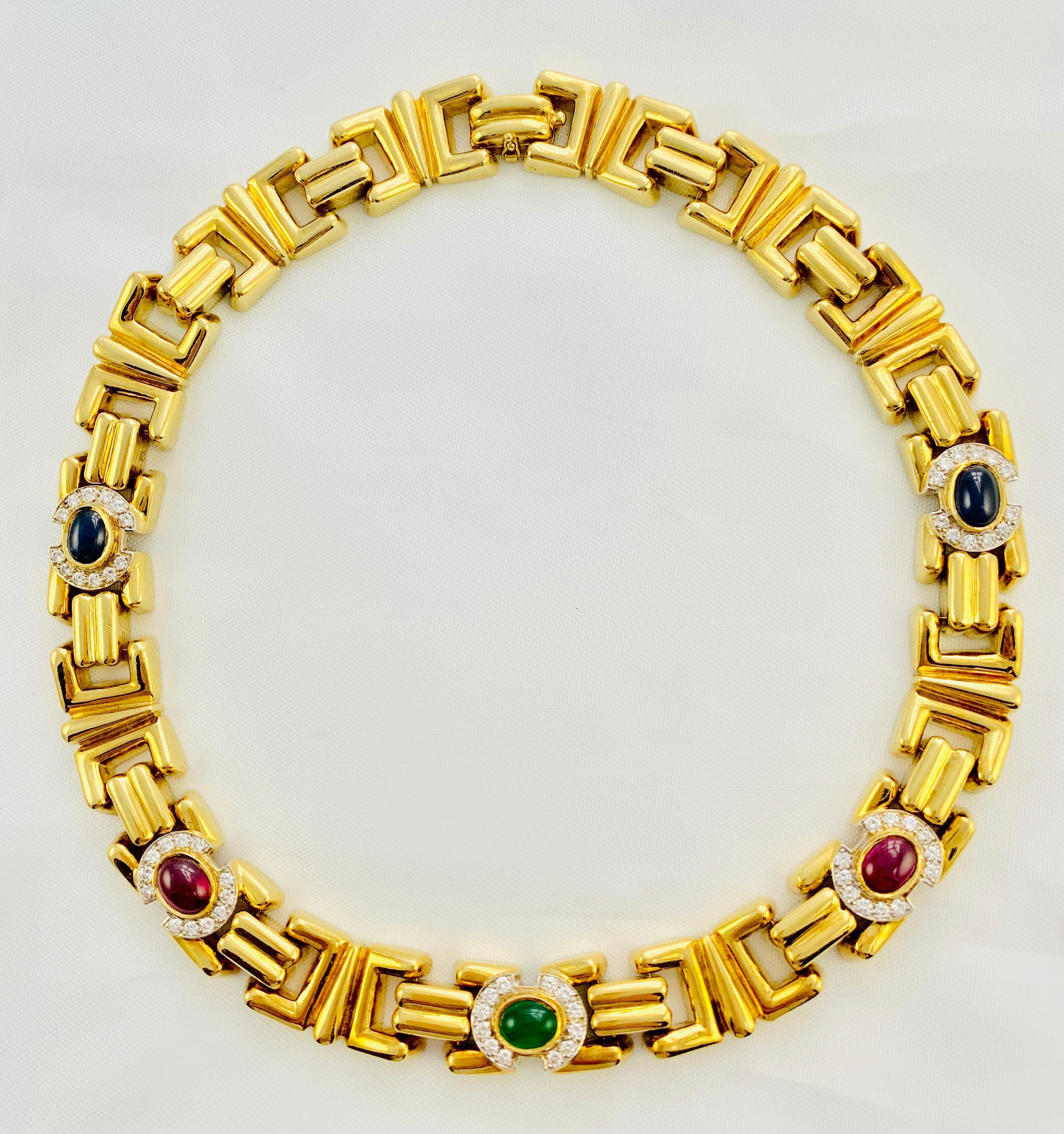 Midcentury 18 Karat Gold, Diamond, Sapphire, Ruby, Emerald Necklace Earrings In Excellent Condition In Birmingham, AL