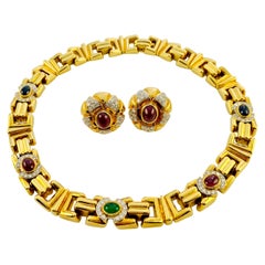 Midcentury 18 Karat Gold, Diamond, Sapphire, Ruby, Emerald Necklace Earrings