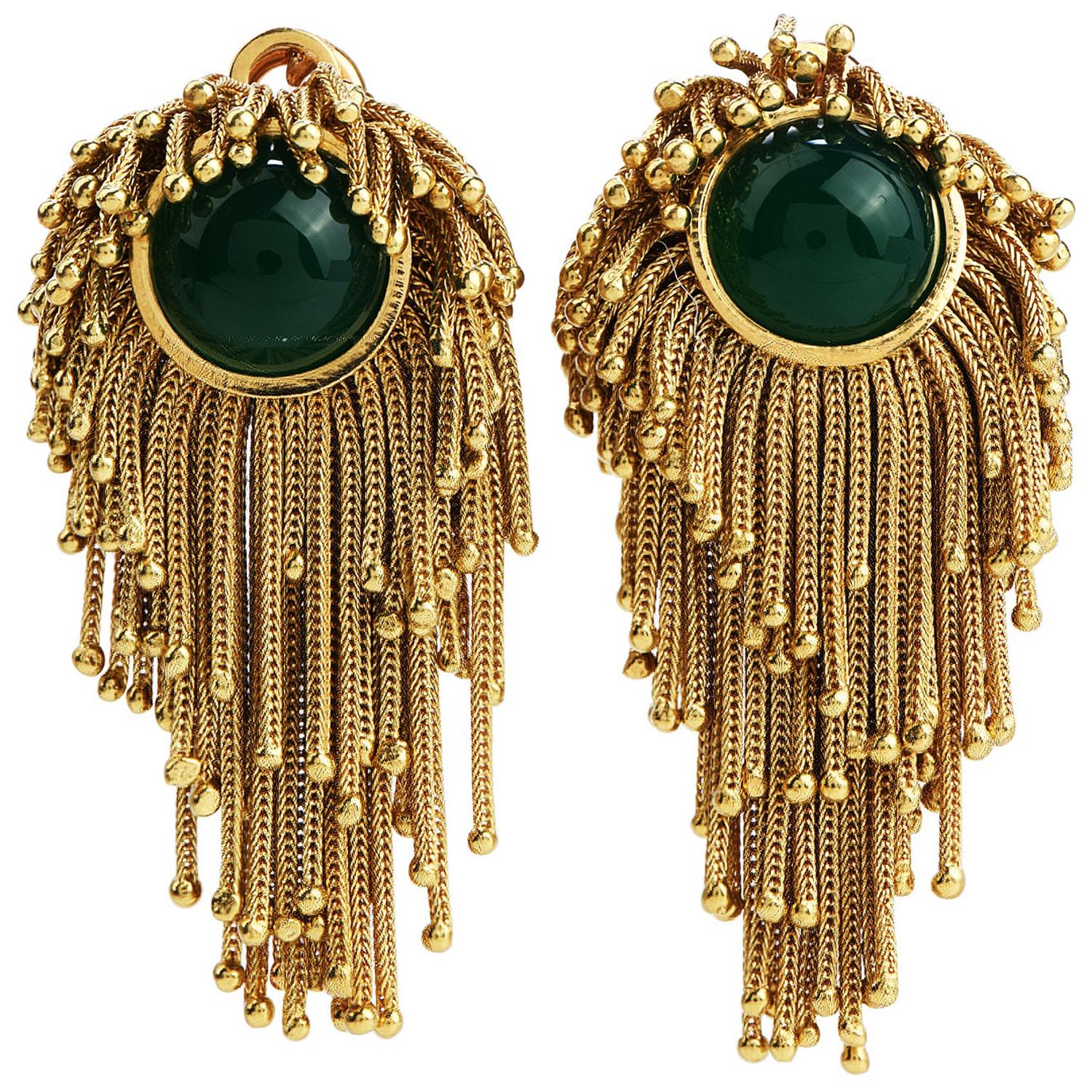 Midcentury 18 Karat Gold Tassel Green Onyx Clip-On Earrings