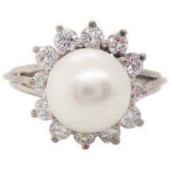 Midcentury 18 Karat White Gold Pearl Diamond Engagement Ring