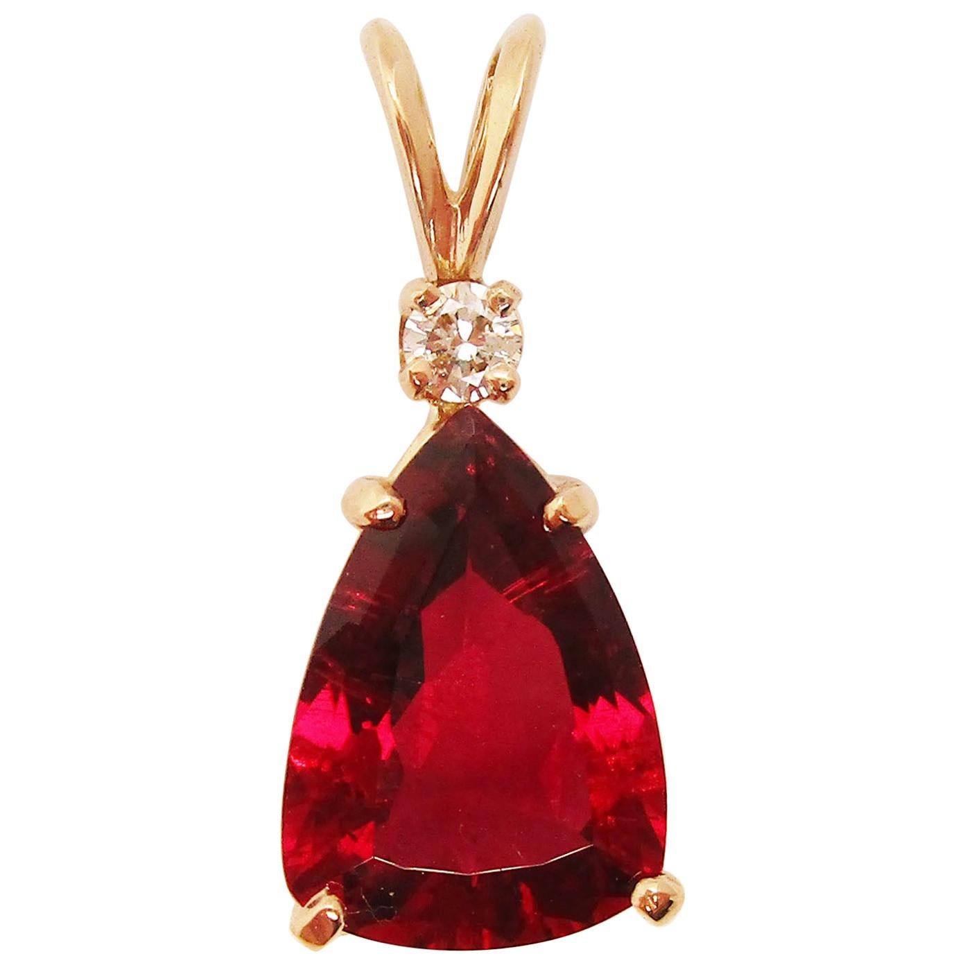 Midcentury 18 Karat Yellow Gold Rubellite Diamond Pendant with AGL Report