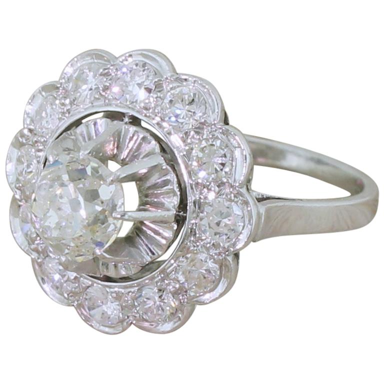 Midcentury 1.83 Carat Old Cut Diamond Platinum Cluster Ring For Sale