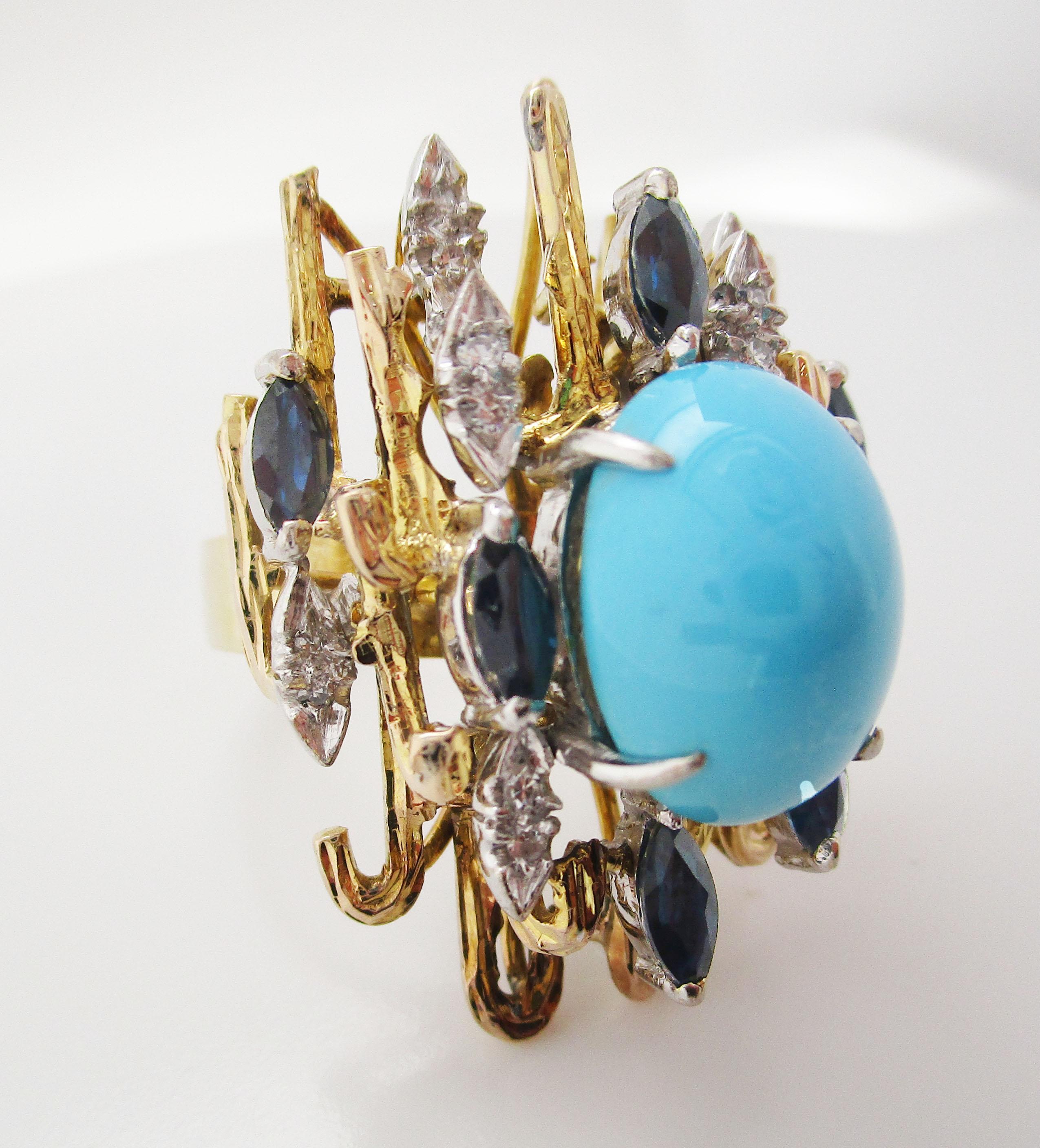 Midcentury 18K Gold Platinum Turquoise Sapphire Diamond Cocktail Dinner Ring In Excellent Condition For Sale In Lexington, KY