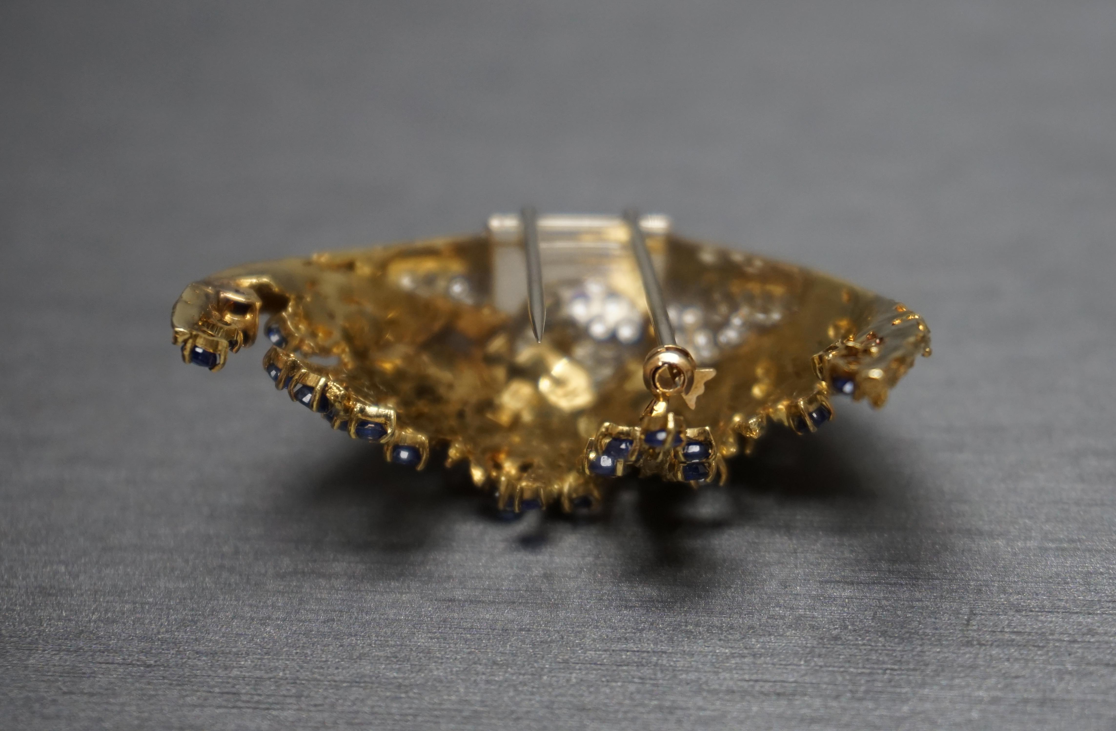 Midcentury 18k Gold Sapphire & Diamond Jellyfish Brooch For Sale 6
