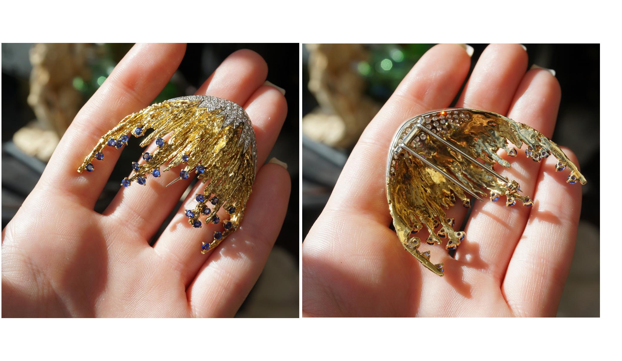 Midcentury 18k Gold Sapphire & Diamond Jellyfish Brooch For Sale 7