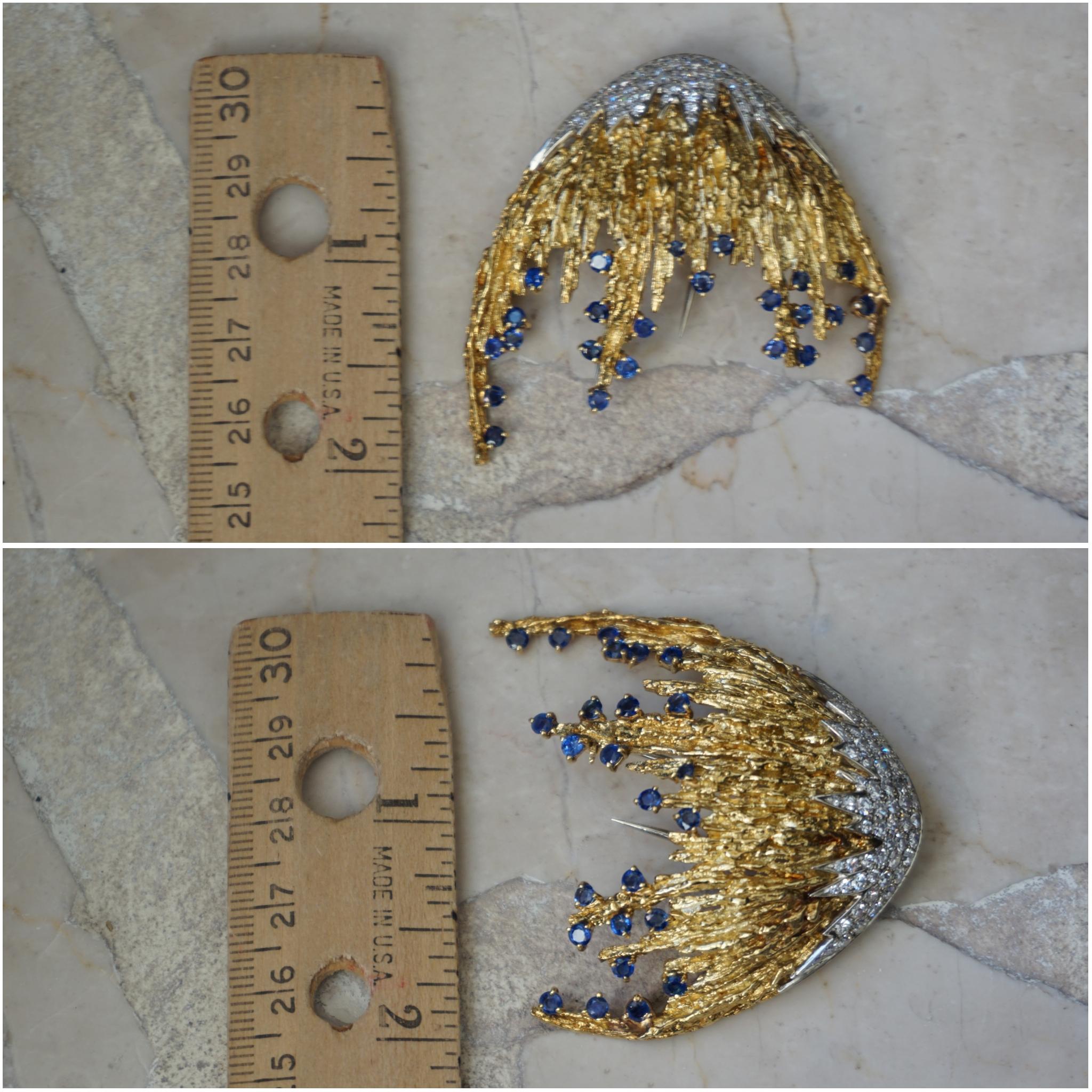 Round Cut Midcentury 18k Gold Sapphire & Diamond Jellyfish Brooch For Sale
