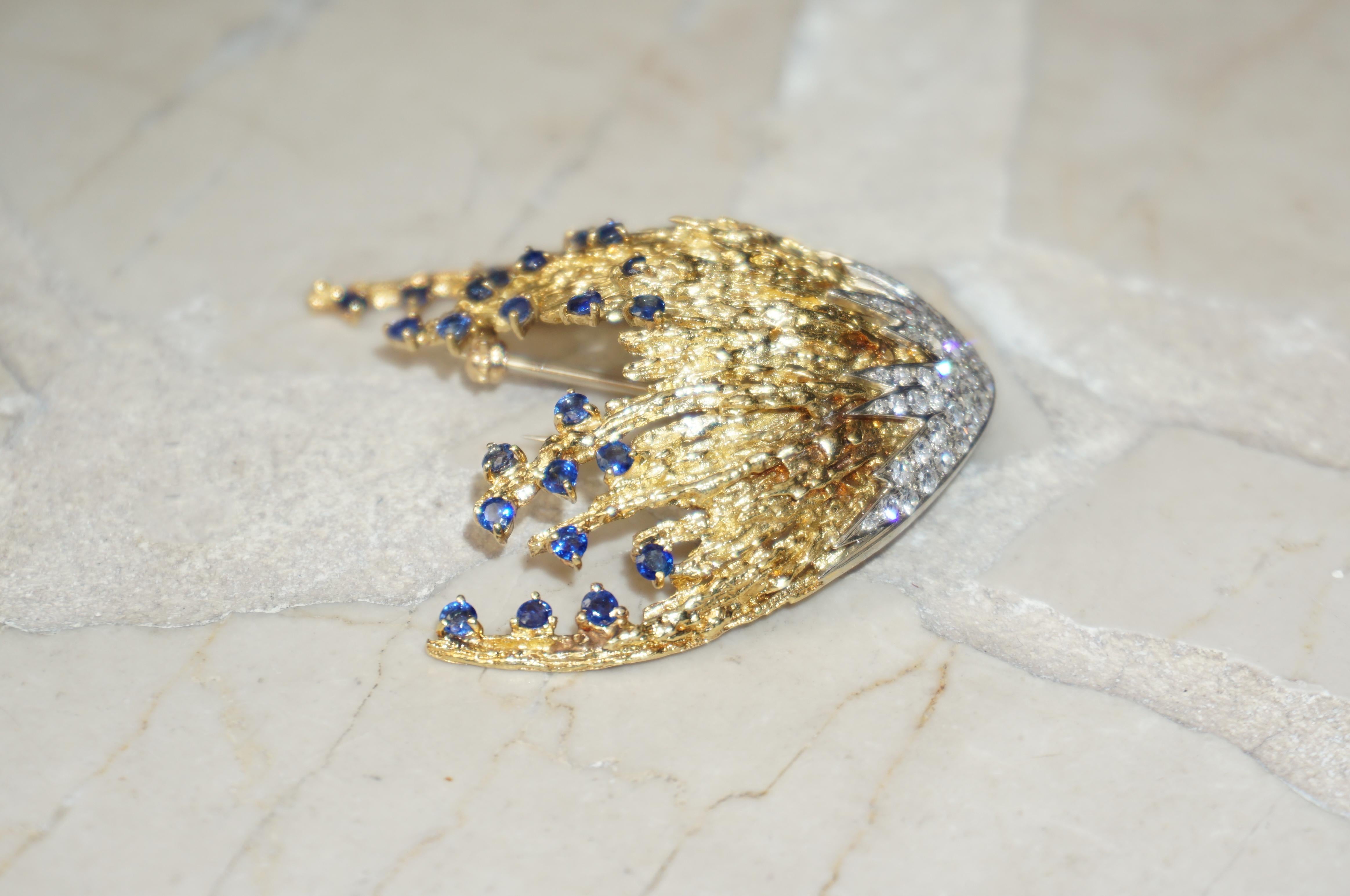 Midcentury 18k Gold Sapphire & Diamond Jellyfish Brooch For Sale 1