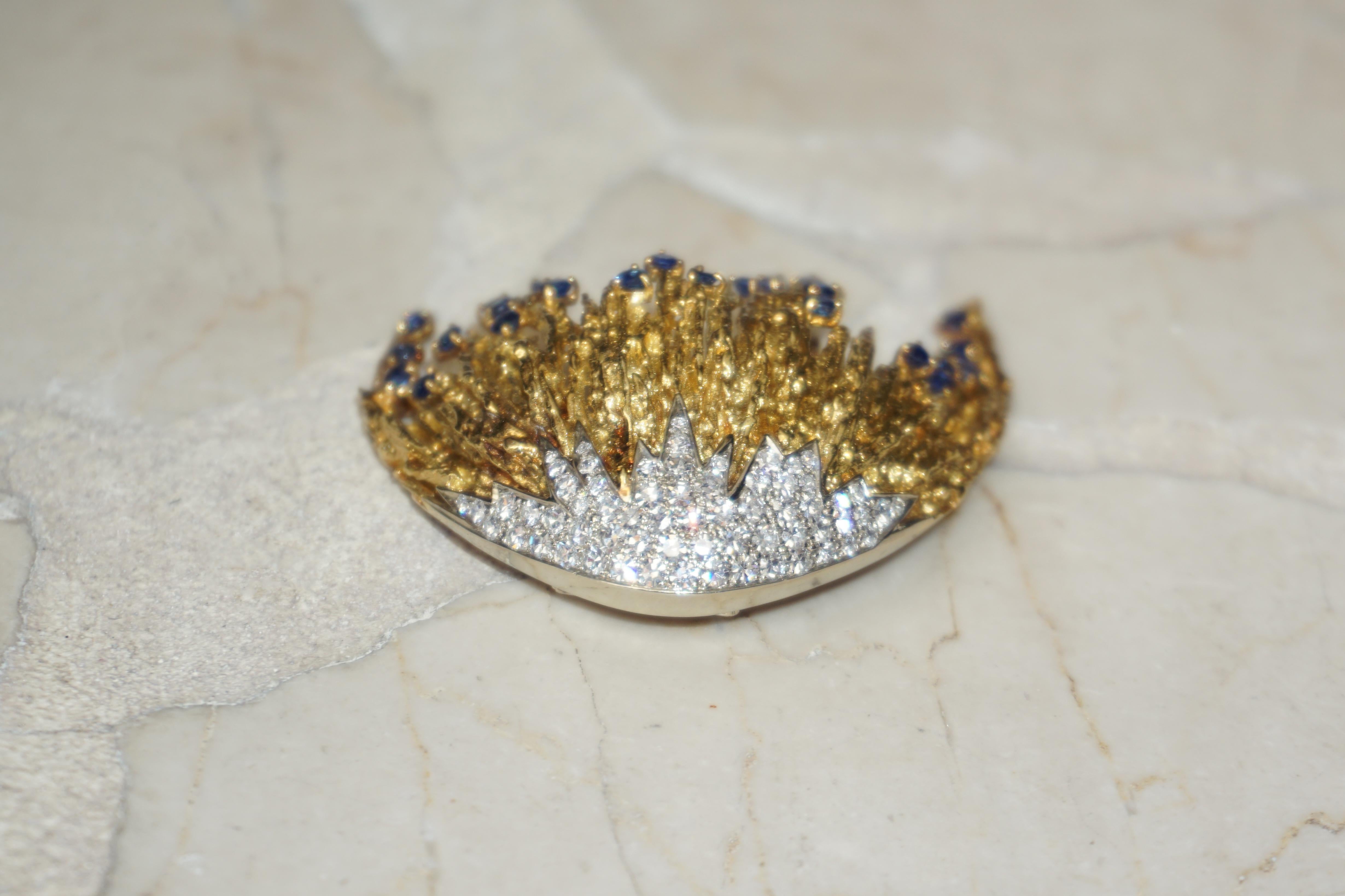 Midcentury 18k Gold Sapphire & Diamond Jellyfish Brooch For Sale 2