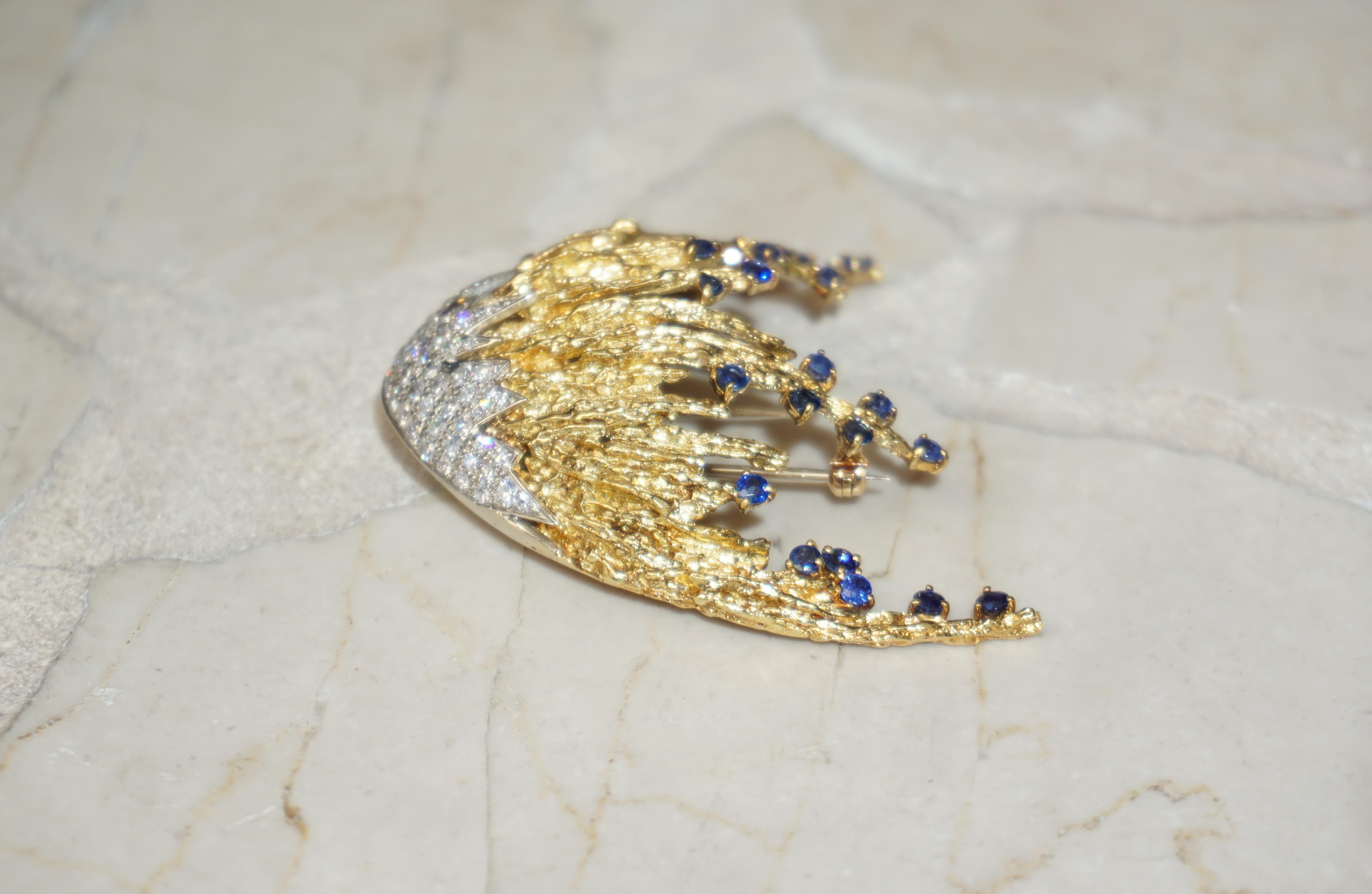 Midcentury 18k Gold Sapphire & Diamond Jellyfish Brooch For Sale 3