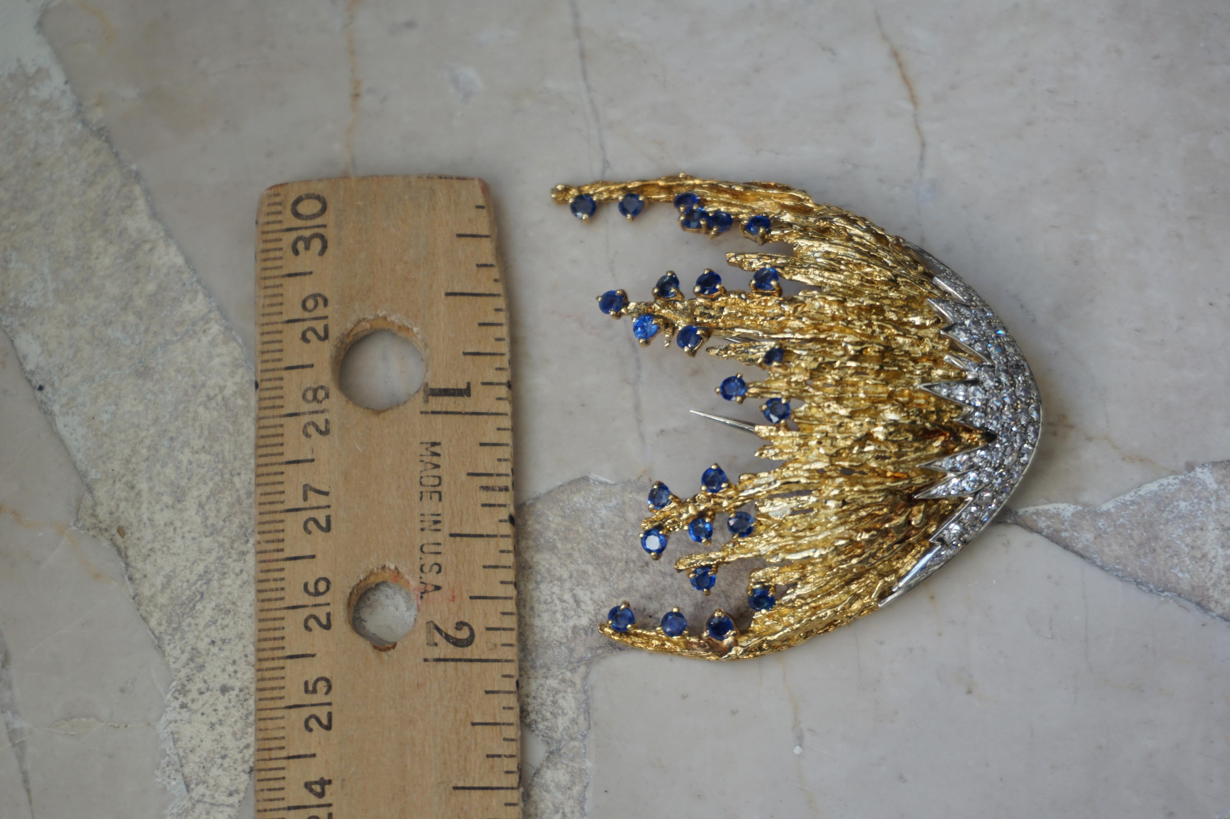 Midcentury 18k Gold Sapphire & Diamond Jellyfish Brooch For Sale 4