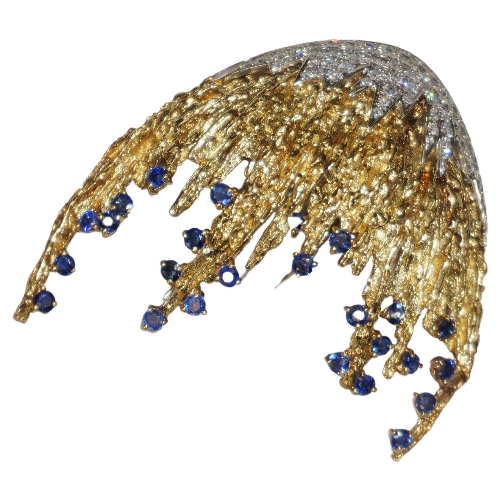 Midcentury 18K Gold Saphir & Diamant Quallen Brosche 