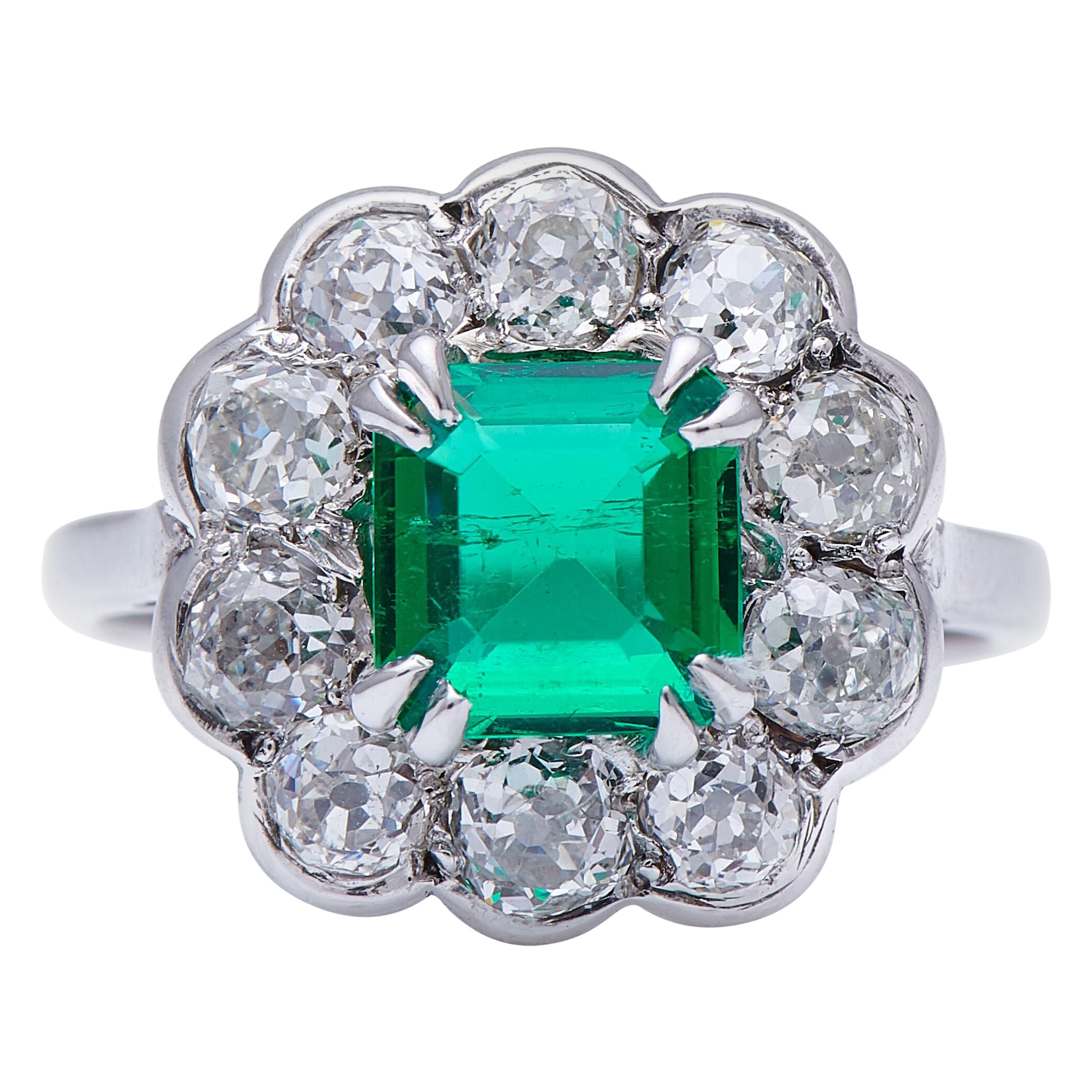Midcentury, 1940s 18 Carat White Gold Colombian Emerald and Diamond Cluster Ring